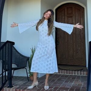 Doen White Eyelet Midi Dress with Bell Sleeves